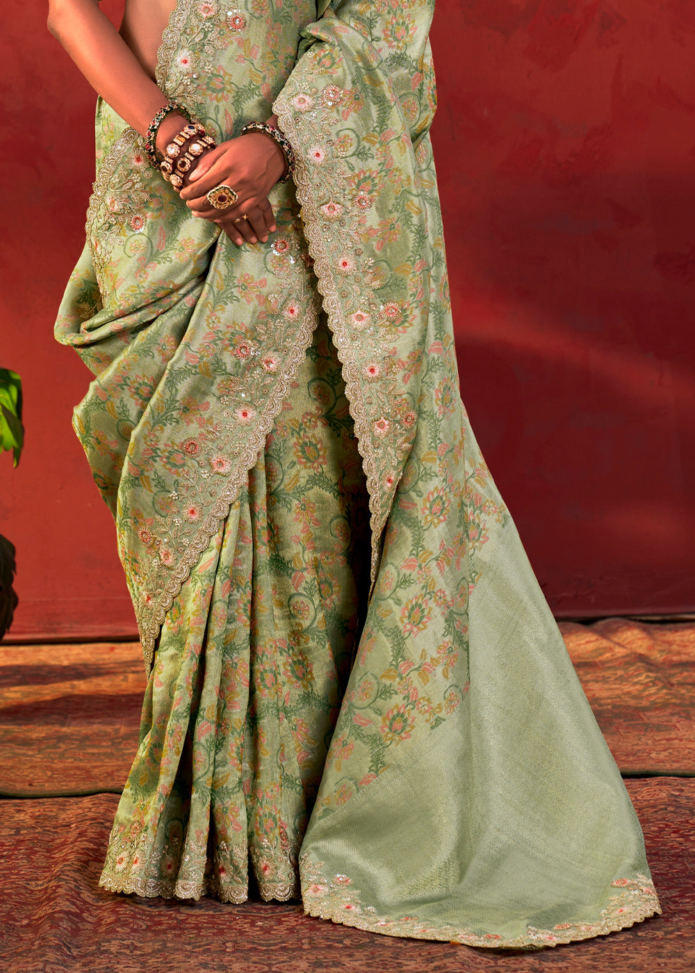 Pastel Green Viscose Silk Saree with Embroidered Flourishes