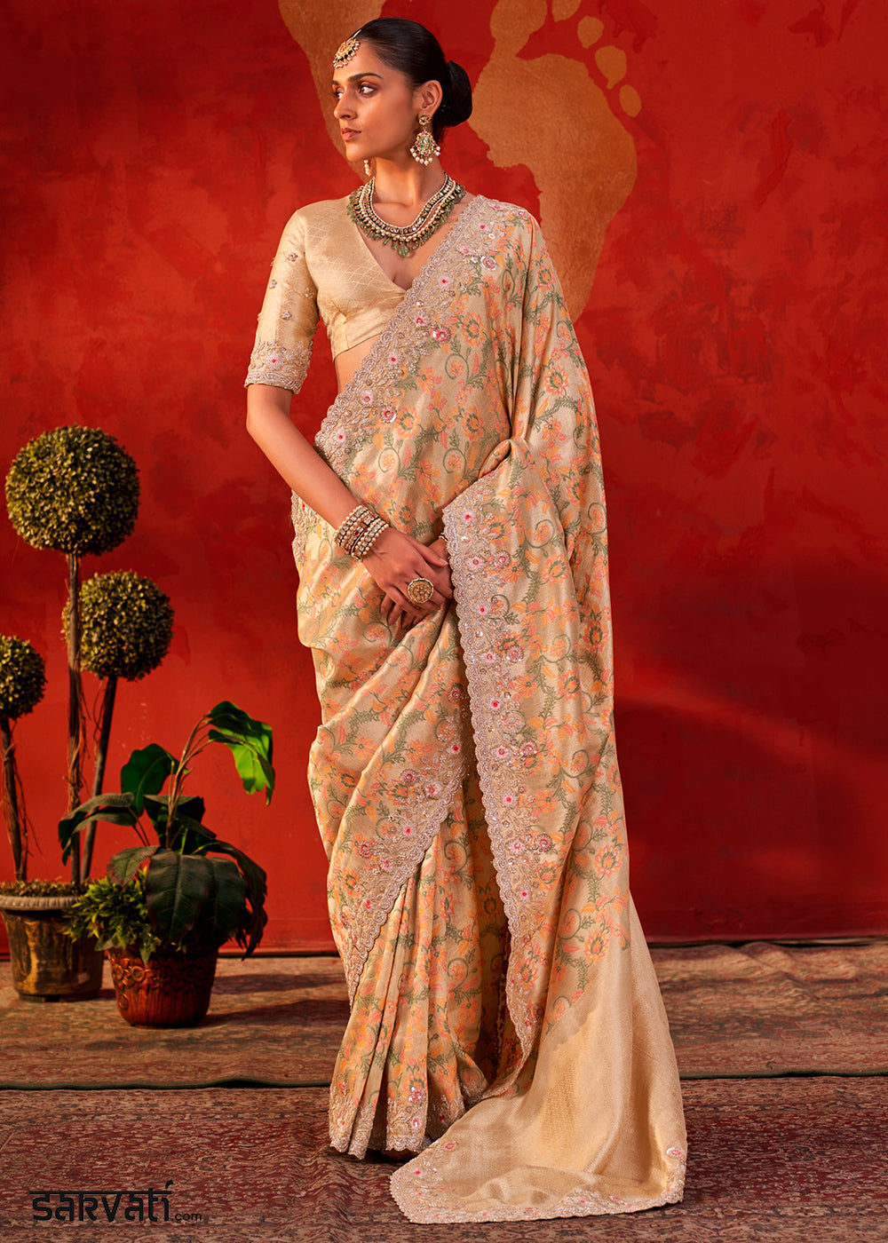 Cream White Viscose Silk Saree with Embroidered Flourishes