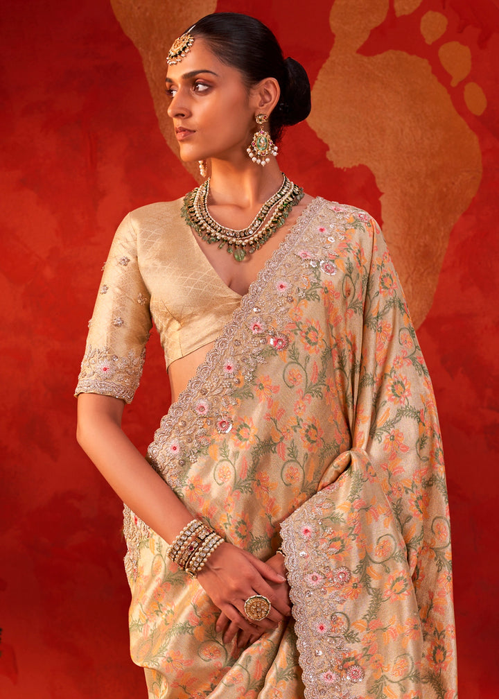 Cream White Viscose Silk Saree with Embroidered Flourishes
