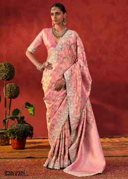 Flamingo Pink Viscose Silk Saree with Embroidered Flourishes