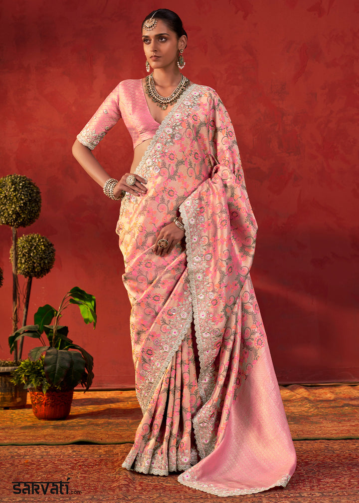 Flamingo Pink Viscose Silk Saree with Embroidered Flourishes