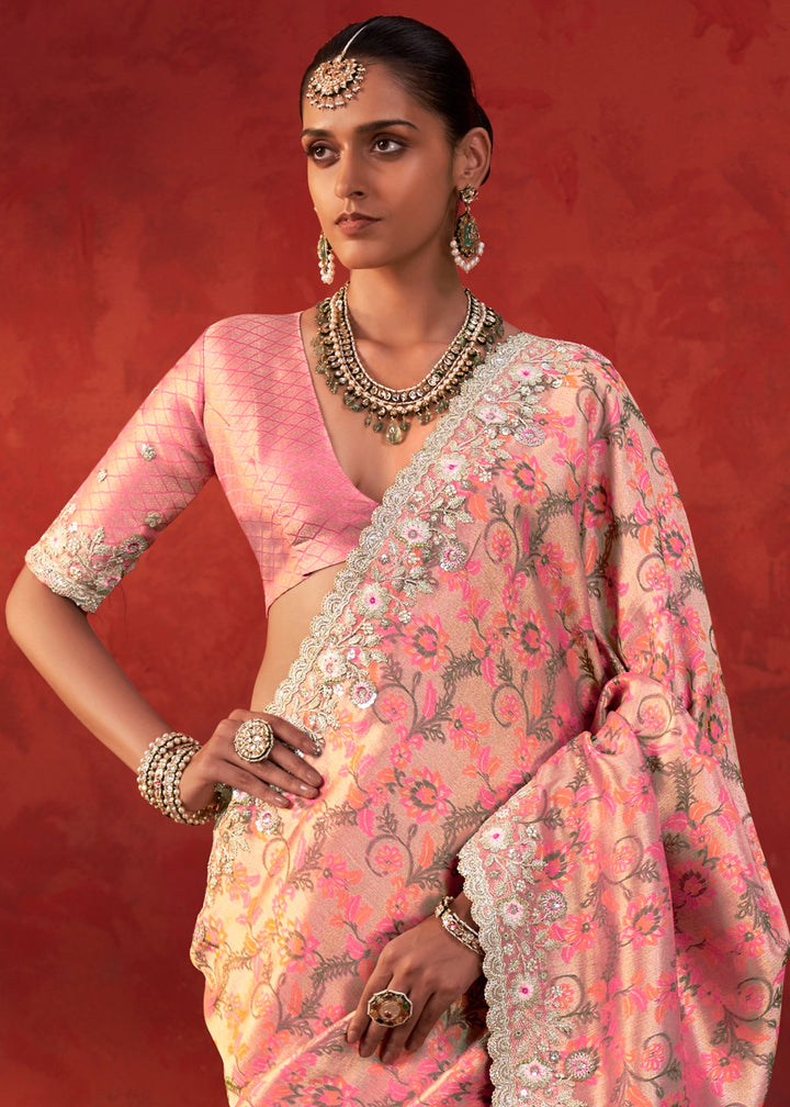Flamingo Pink Viscose Silk Saree with Embroidered Flourishes