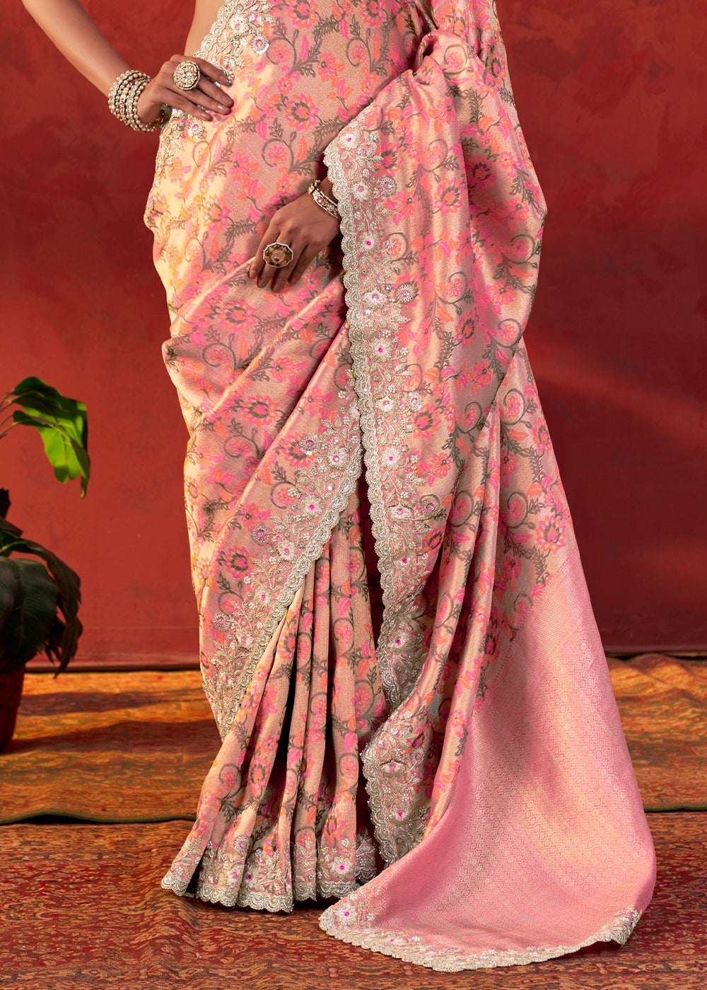 Flamingo Pink Viscose Silk Saree with Embroidered Flourishes