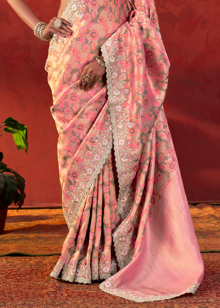 Flamingo Pink Viscose Silk Saree with Embroidered Flourishes