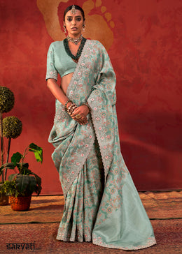 Bllizzard Blue Viscose Silk Saree with Embroidered Flourishes