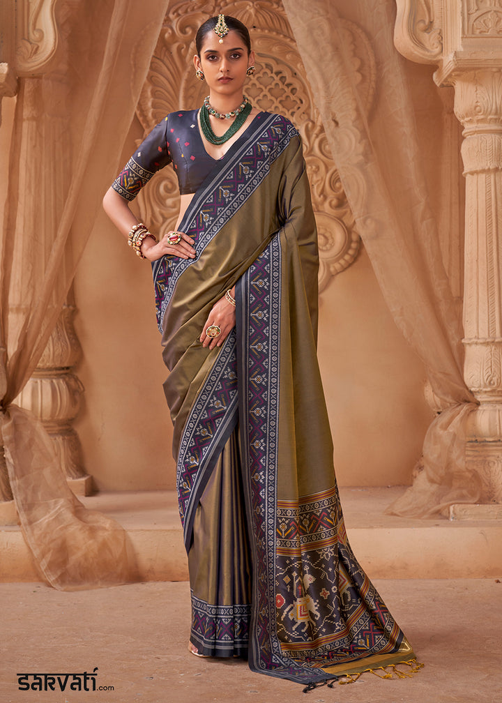 Greyish Brown Soft Silk Saree with Artistic Patola Motifs