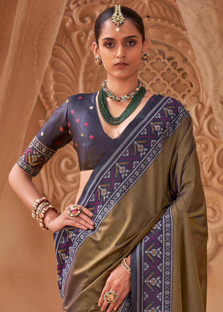Greyish Brown Soft Silk Saree with Artistic Patola Motifs