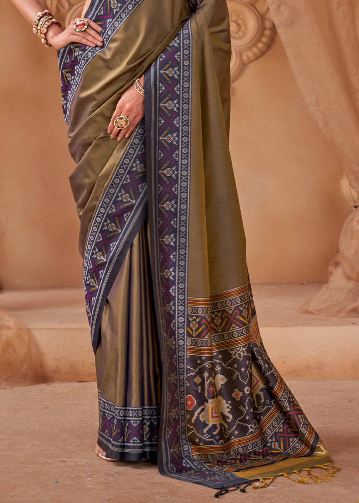 Greyish Brown Soft Silk Saree with Artistic Patola Motifs