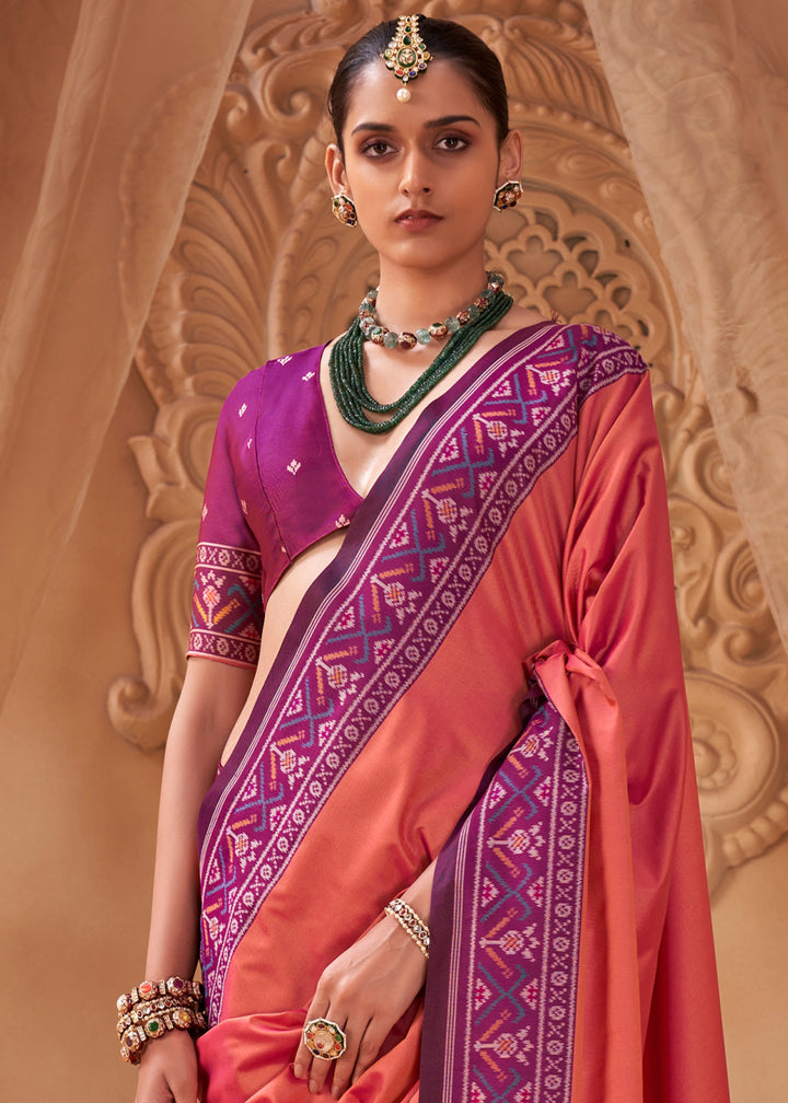 Pinkish Orange Soft Silk Saree with Artistic Patola Motifs