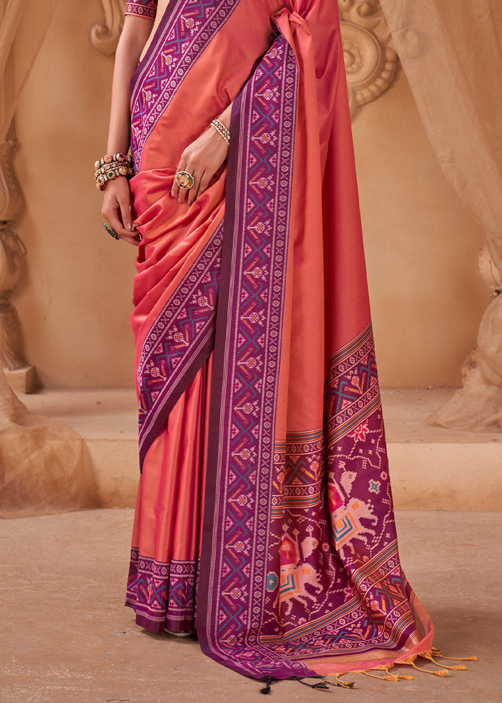 Pinkish Orange Soft Silk Saree with Artistic Patola Motifs