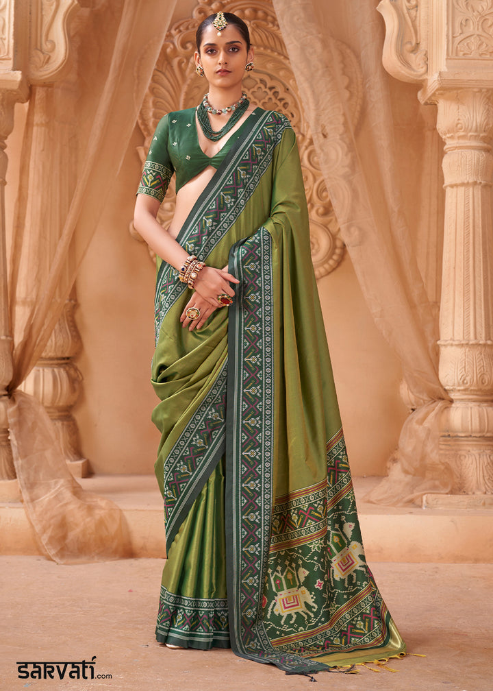 Fern Green Soft Silk Saree with Artistic Patola Motifs