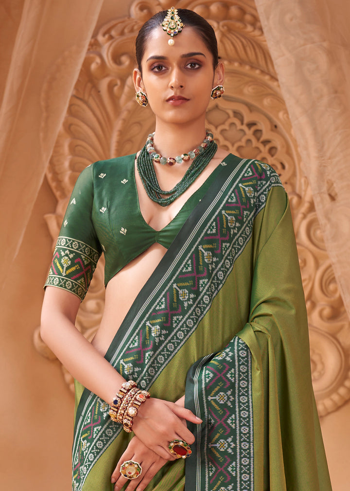 Fern Green Soft Silk Saree with Artistic Patola Motifs