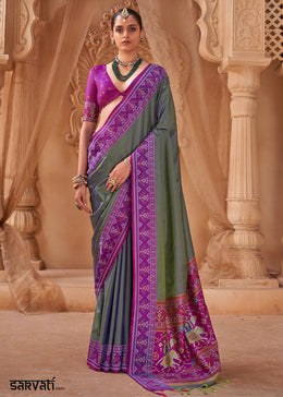 Iron Grey Soft Silk Saree with Artistic Patola Motifs