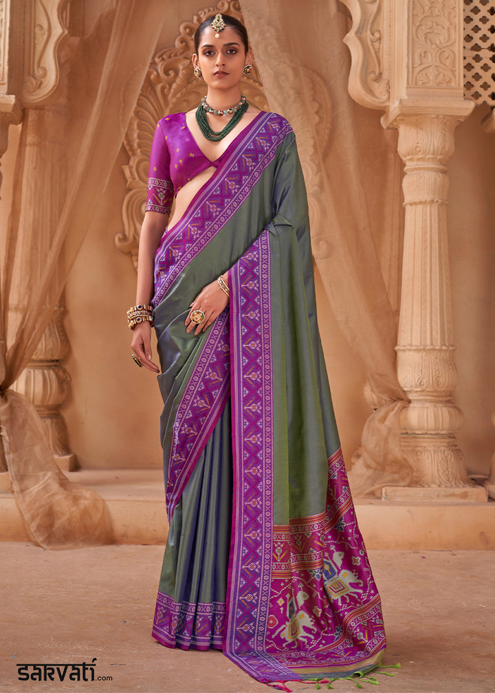 Iron Grey Soft Silk Saree with Artistic Patola Motifs