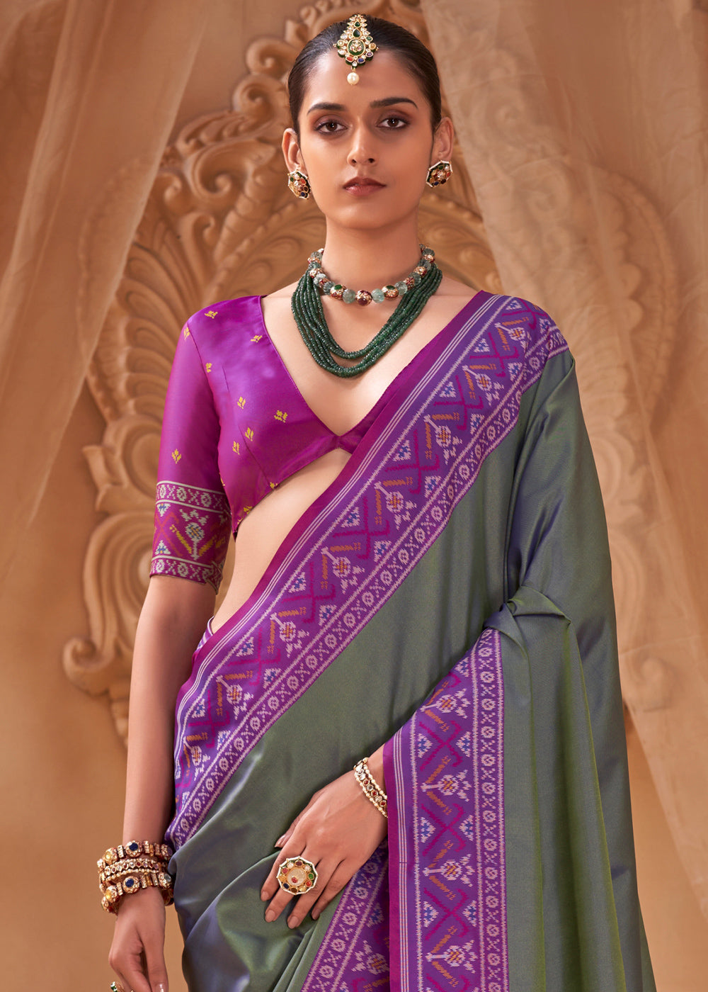 Iron Grey Soft Silk Saree with Artistic Patola Motifs
