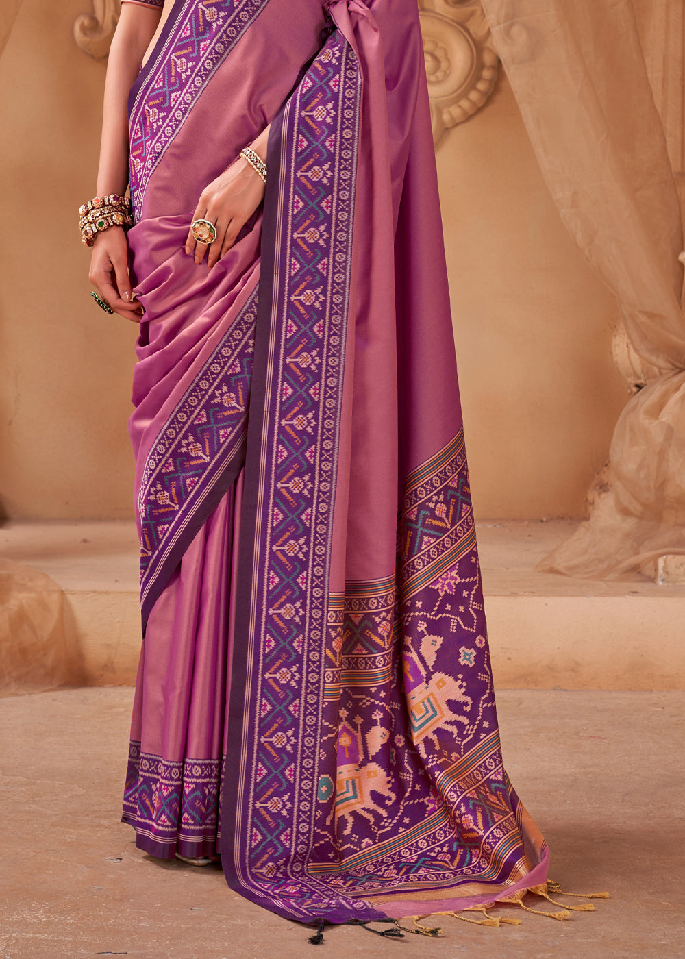 Mulberry Purple Soft Silk Saree with Artistic Patola Motifs