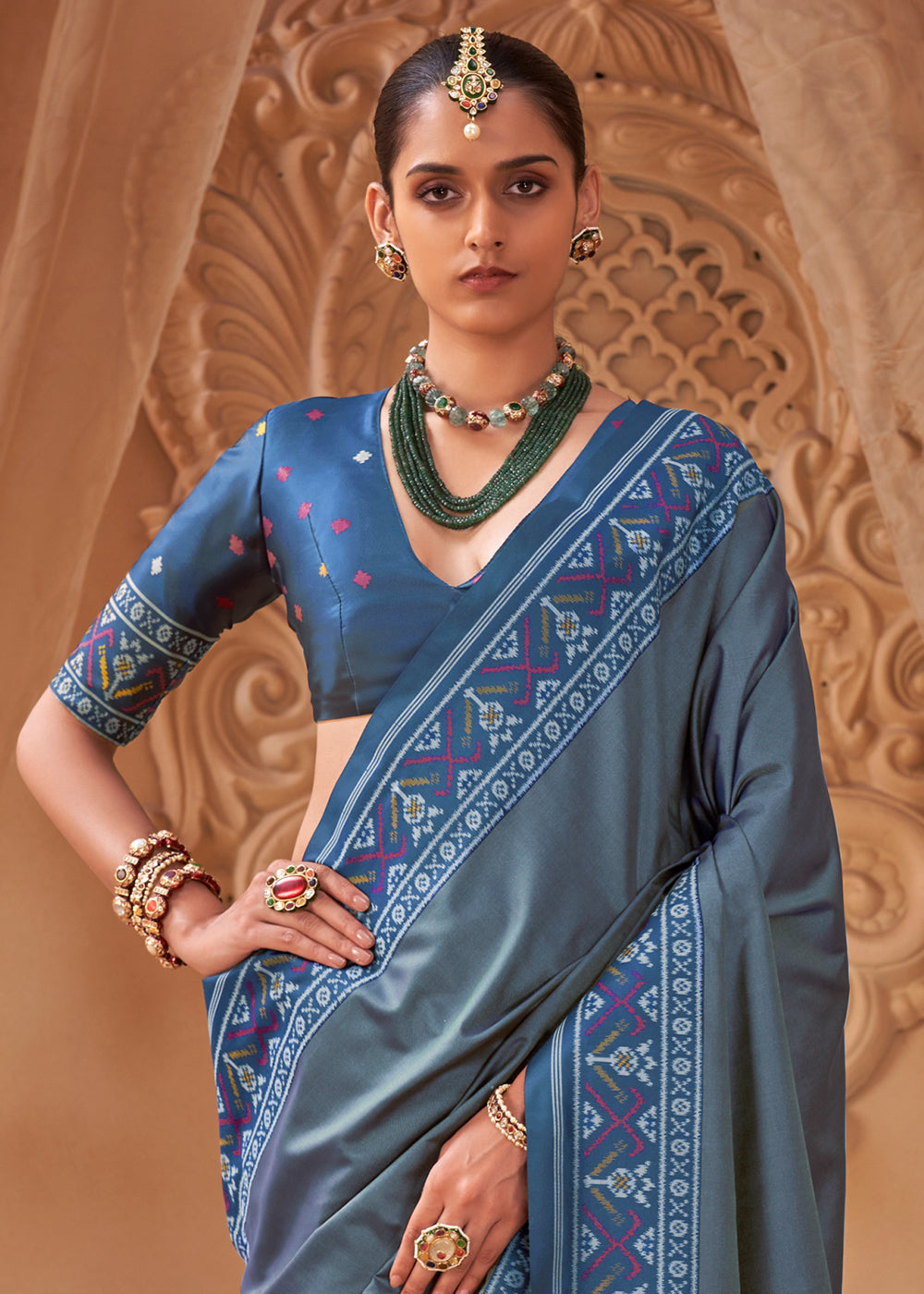 Steel Blue Soft Silk Saree with Artistic Patola Motifs