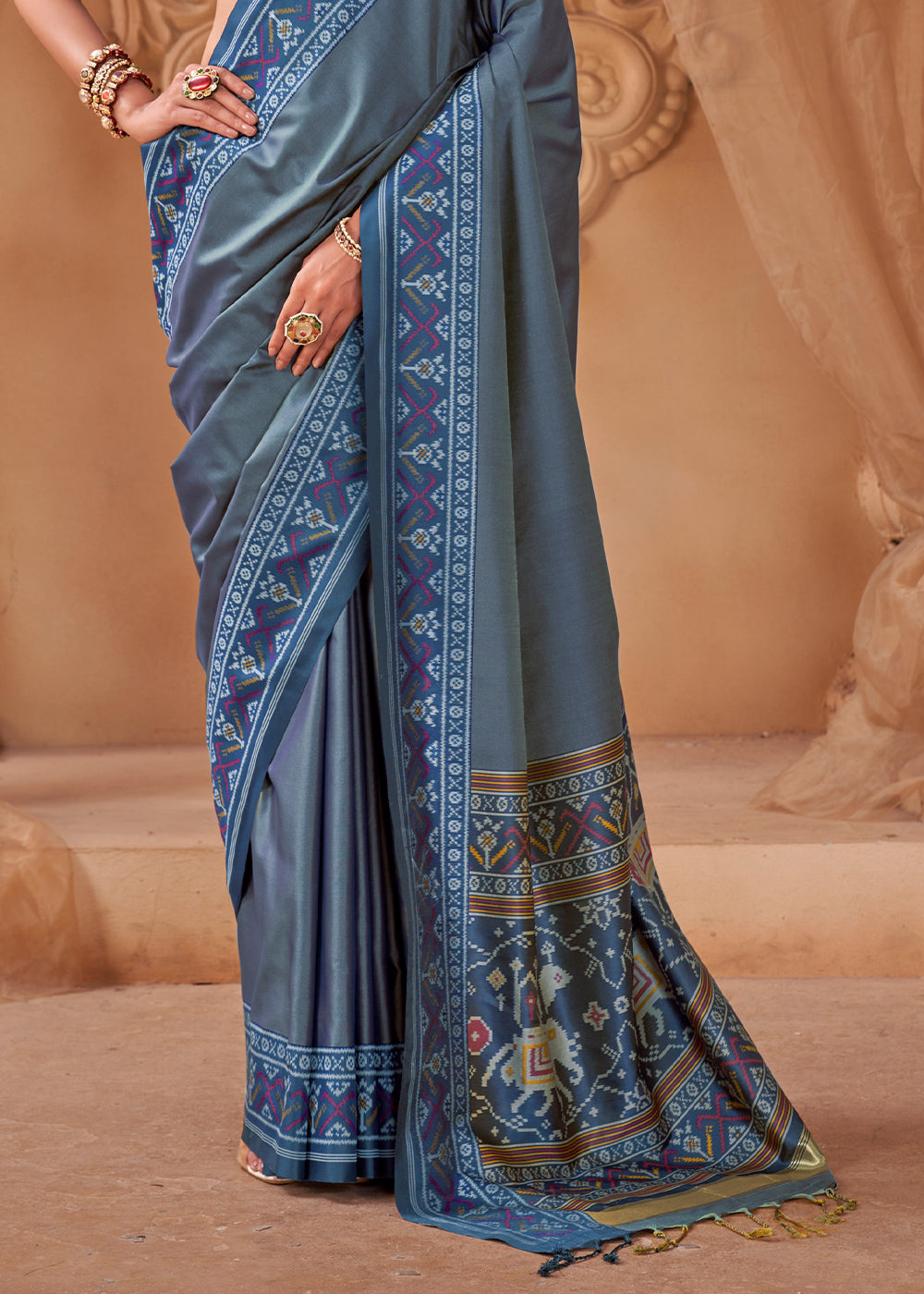 Steel Blue Soft Silk Saree with Artistic Patola Motifs