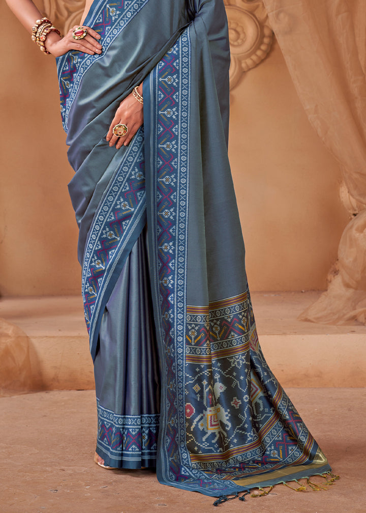 Steel Blue Soft Silk Saree with Artistic Patola Motifs