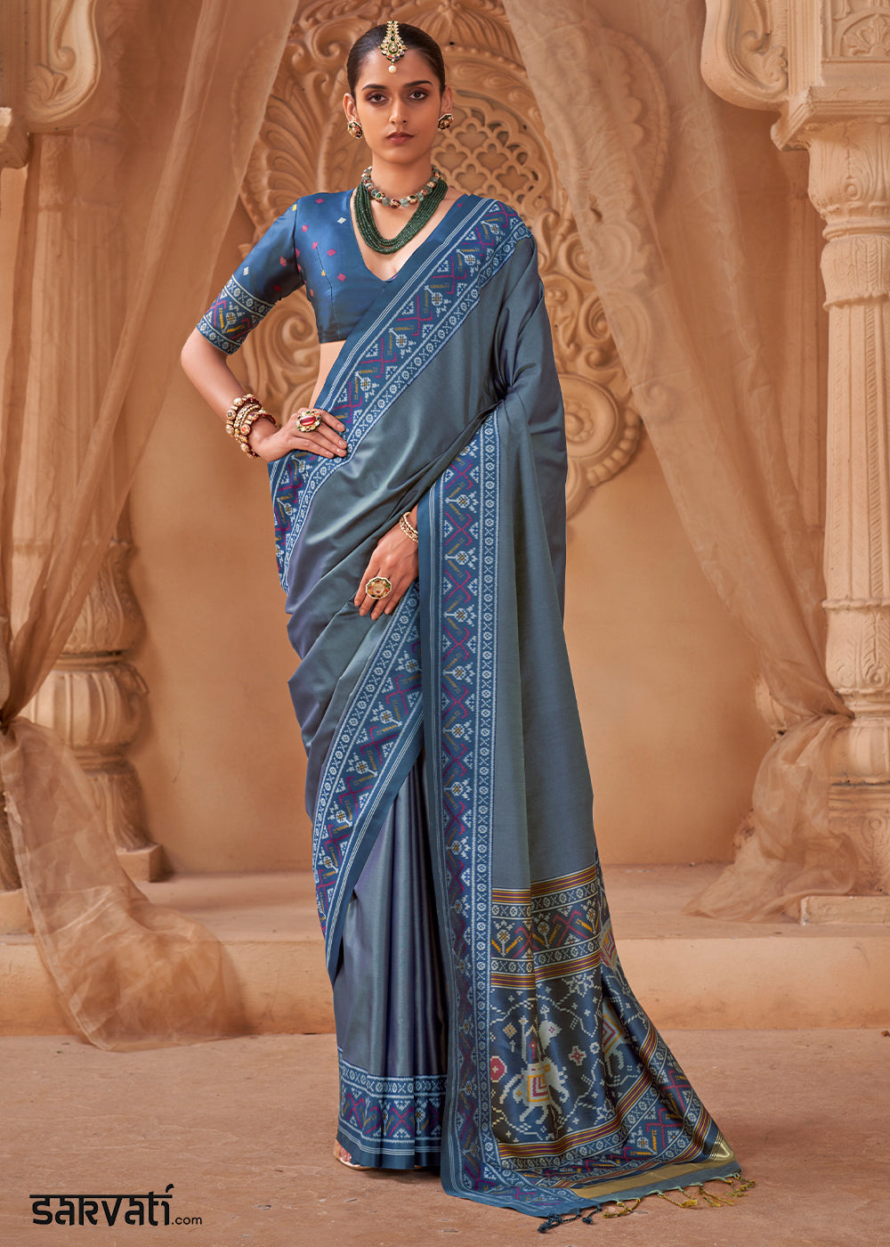 Steel Blue Soft Silk Saree with Artistic Patola Motifs