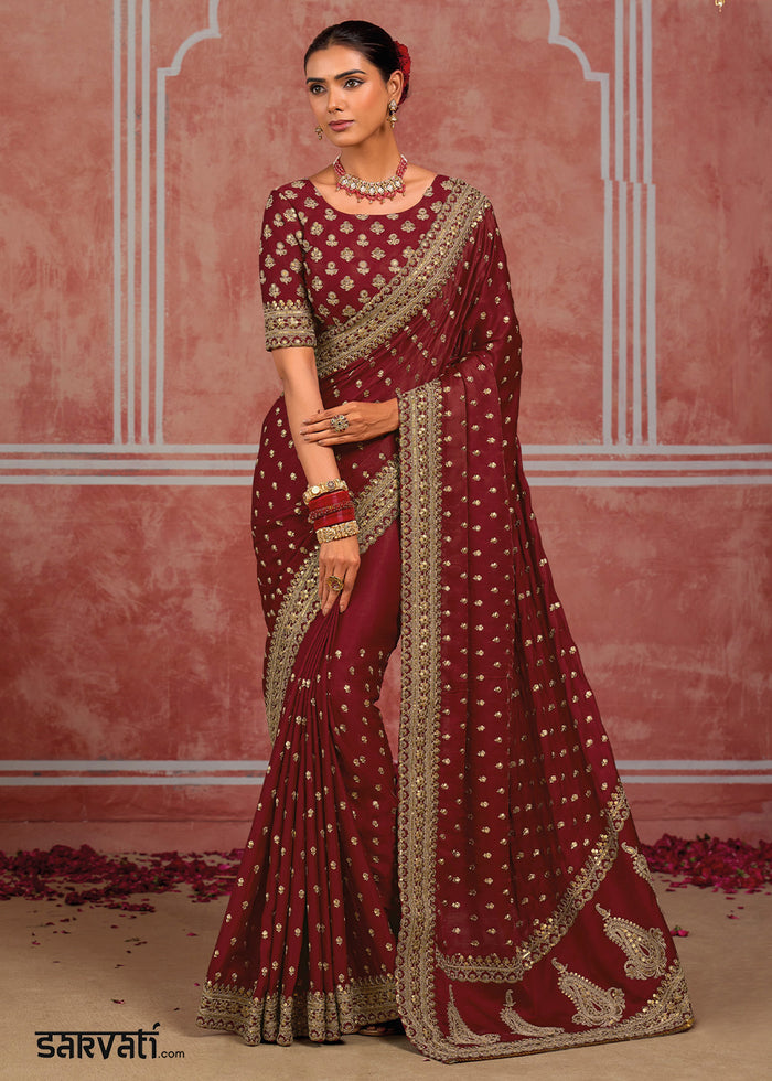 Maroon Red Munga Banarasi Silk Saree with Couture Hand Embroidery