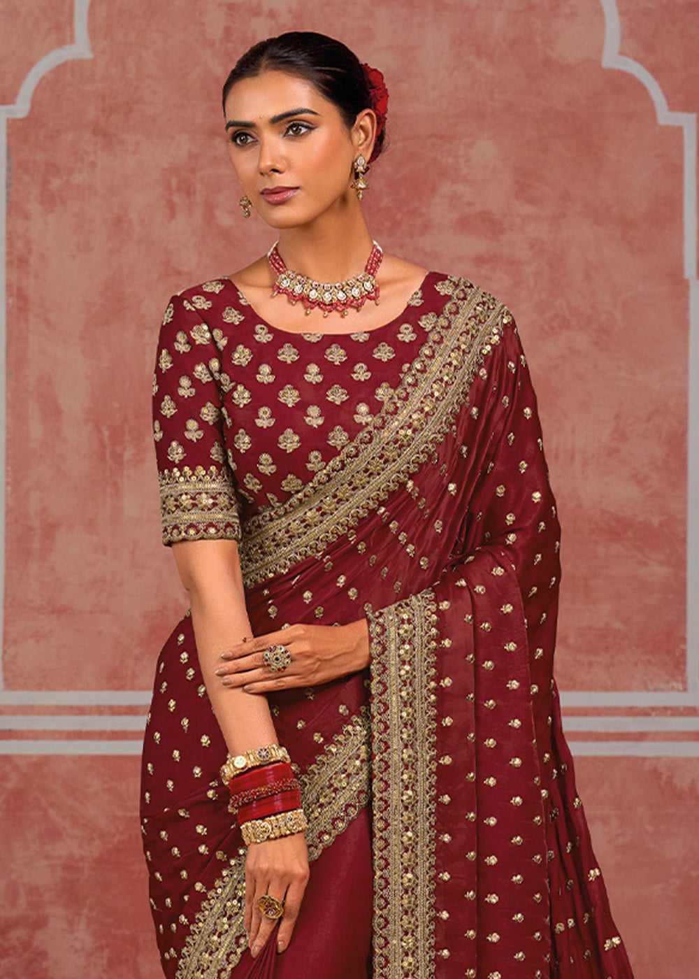 Maroon Red Munga Banarasi Silk Saree with Couture Hand Embroidery