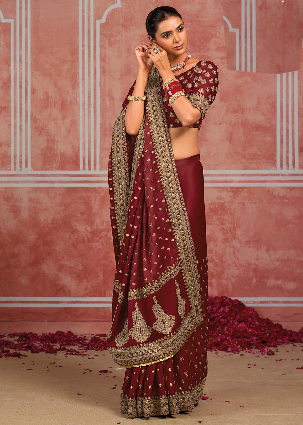 Maroon Red Munga Banarasi Silk Saree with Couture Hand Embroidery