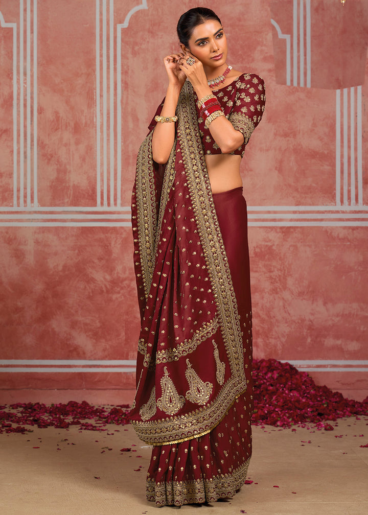 Maroon Red Munga Banarasi Silk Saree with Couture Hand Embroidery
