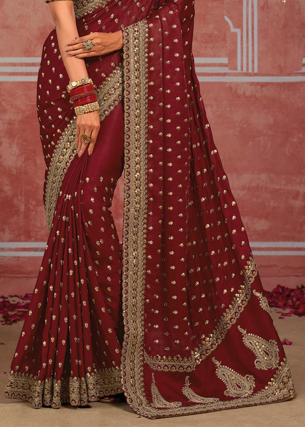Maroon Red Munga Banarasi Silk Saree with Couture Hand Embroidery