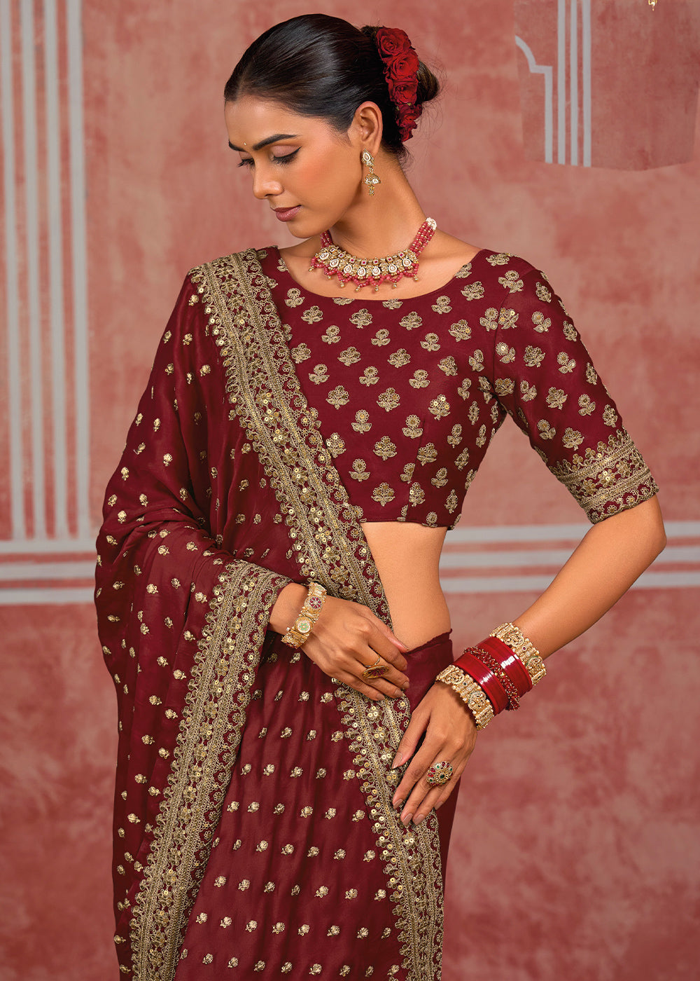 Maroon Red Munga Banarasi Silk Saree with Couture Hand Embroidery