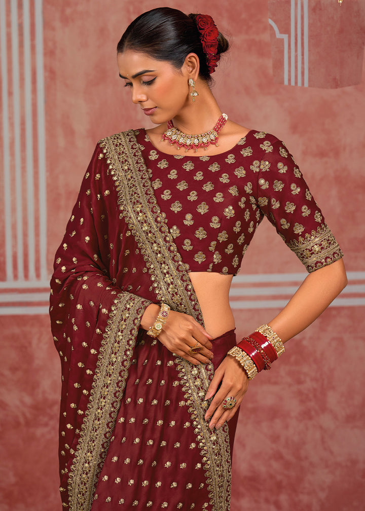 Maroon Red Munga Banarasi Silk Saree with Couture Hand Embroidery