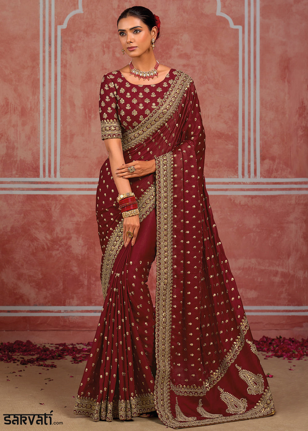 Maroon Red Munga Banarasi Silk Saree with Couture Hand Embroidery