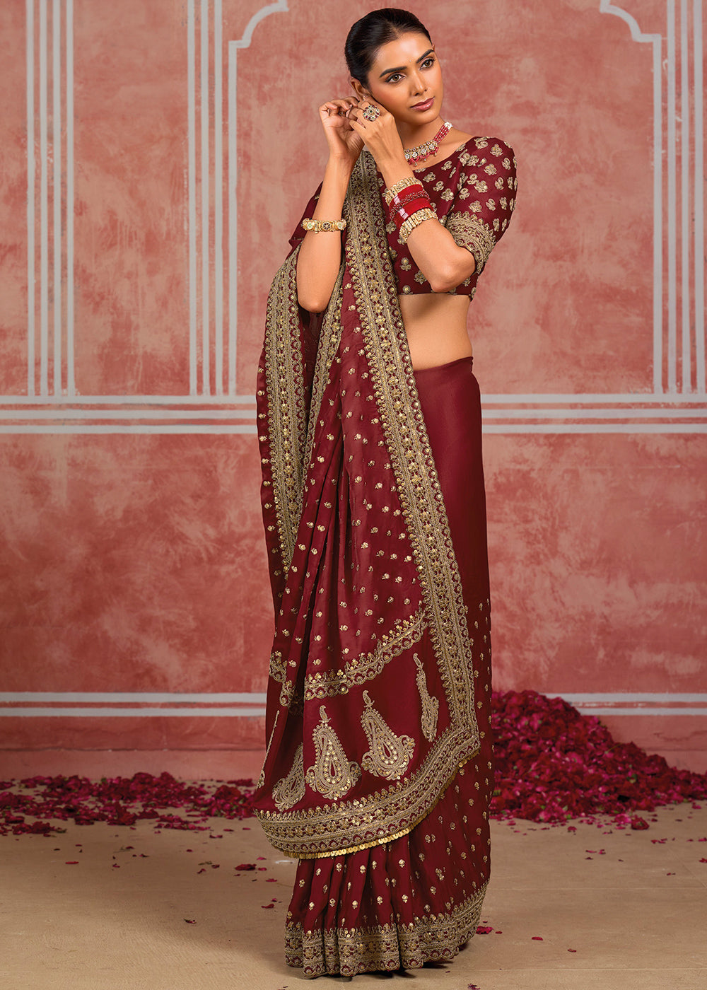 Maroon Red Munga Banarasi Silk Saree with Couture Hand Embroidery