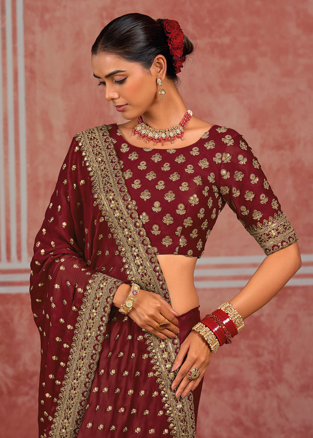 Maroon Red Munga Banarasi Silk Saree with Couture Hand Embroidery
