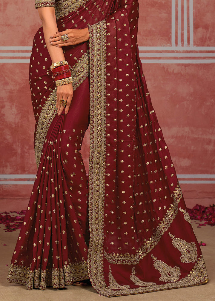 Maroon Red Munga Banarasi Silk Saree with Couture Hand Embroidery