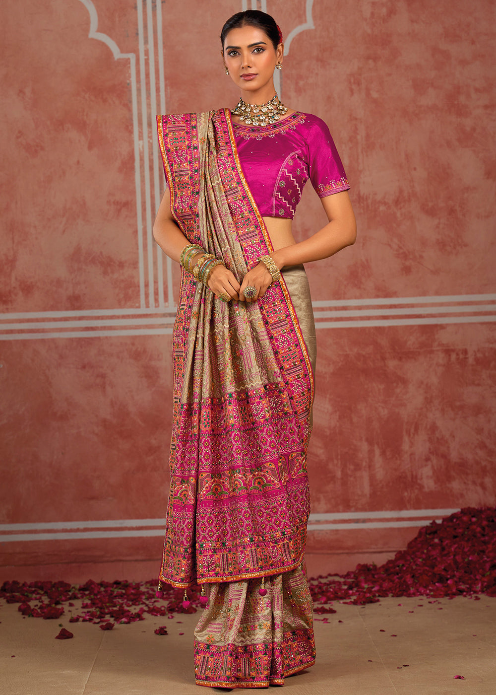 Brown &amp; Pink Banarasi Silk Saree with Exquisite Kachhi Hand Embroidery