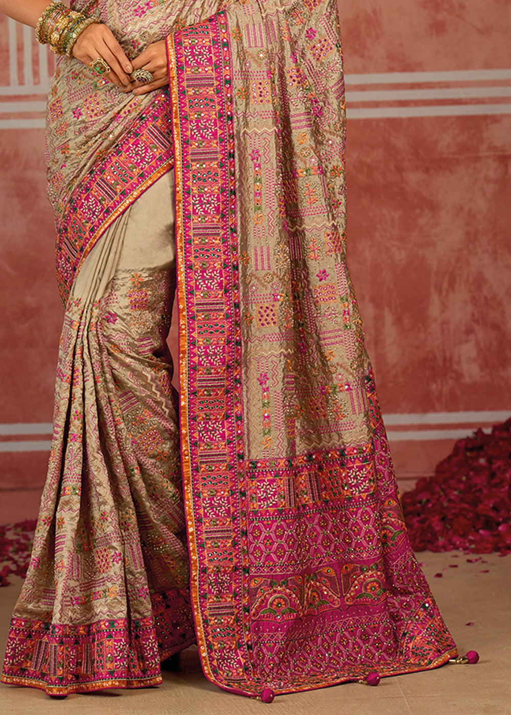 Brown &amp; Pink Banarasi Silk Saree with Exquisite Kachhi Hand Embroidery