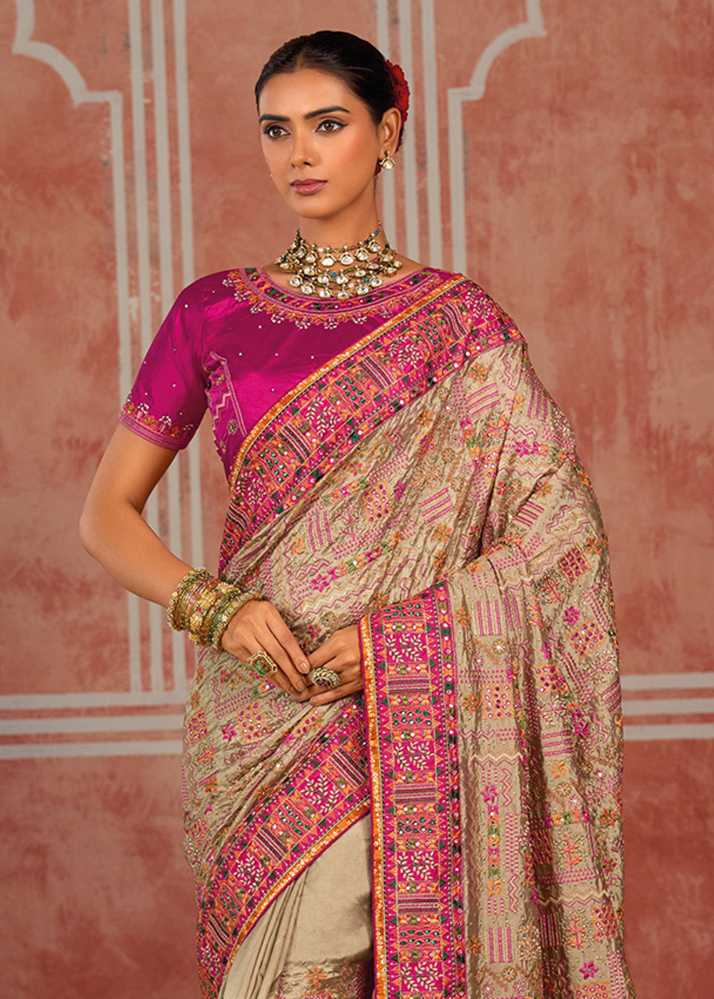 Brown &amp; Pink Banarasi Silk Saree with Exquisite Kachhi Hand Embroidery