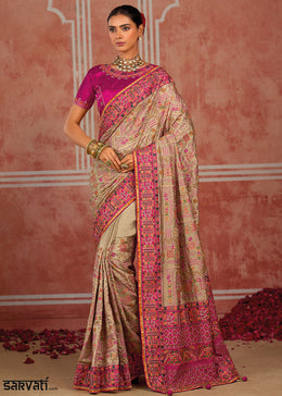 Brown & Pink Banarasi Silk Saree with Exquisite Kachhi Hand Embroidery