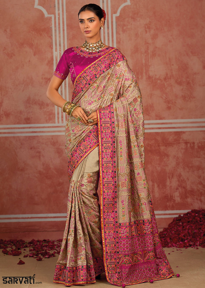 Brown &amp; Pink Banarasi Silk Saree with Exquisite Kachhi Hand Embroidery