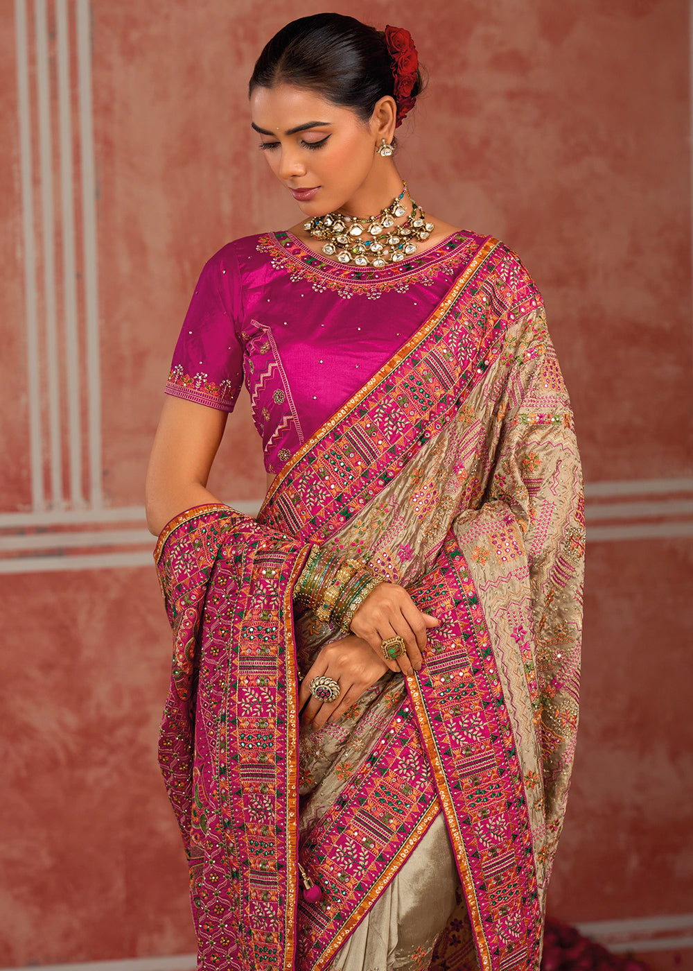 Brown &amp; Pink Banarasi Silk Saree with Exquisite Kachhi Hand Embroidery