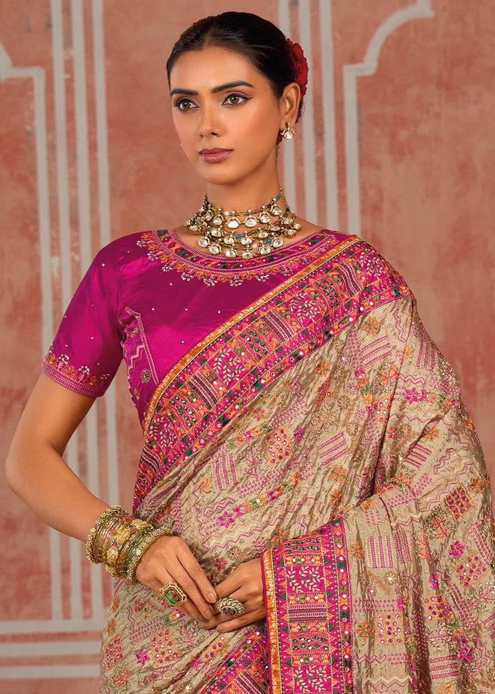 Brown &amp; Pink Banarasi Silk Saree with Exquisite Kachhi Hand Embroidery
