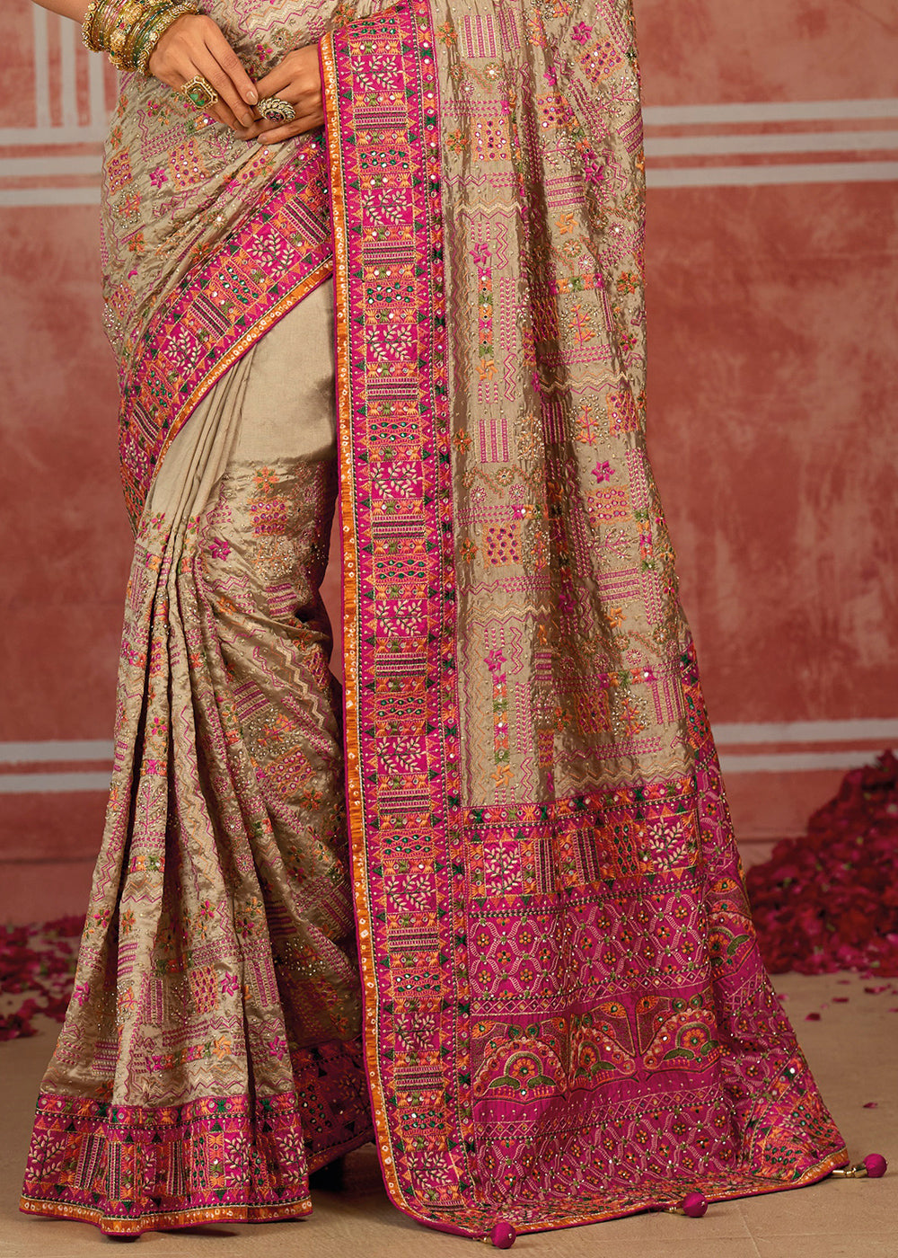 Brown &amp; Pink Banarasi Silk Saree with Exquisite Kachhi Hand Embroidery