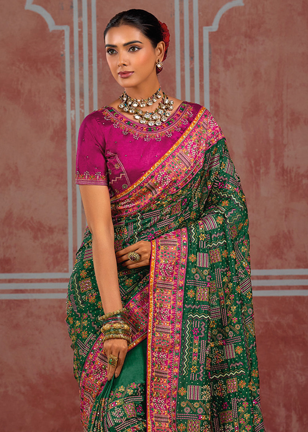 Dark Green Banarasi Silk Saree with Exquisite Kachhi Hand Embroidery