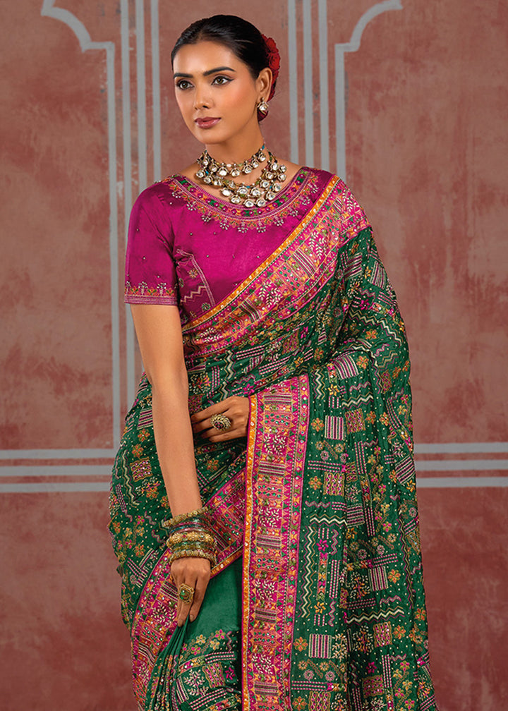 Dark Green Banarasi Silk Saree with Exquisite Kachhi Hand Embroidery
