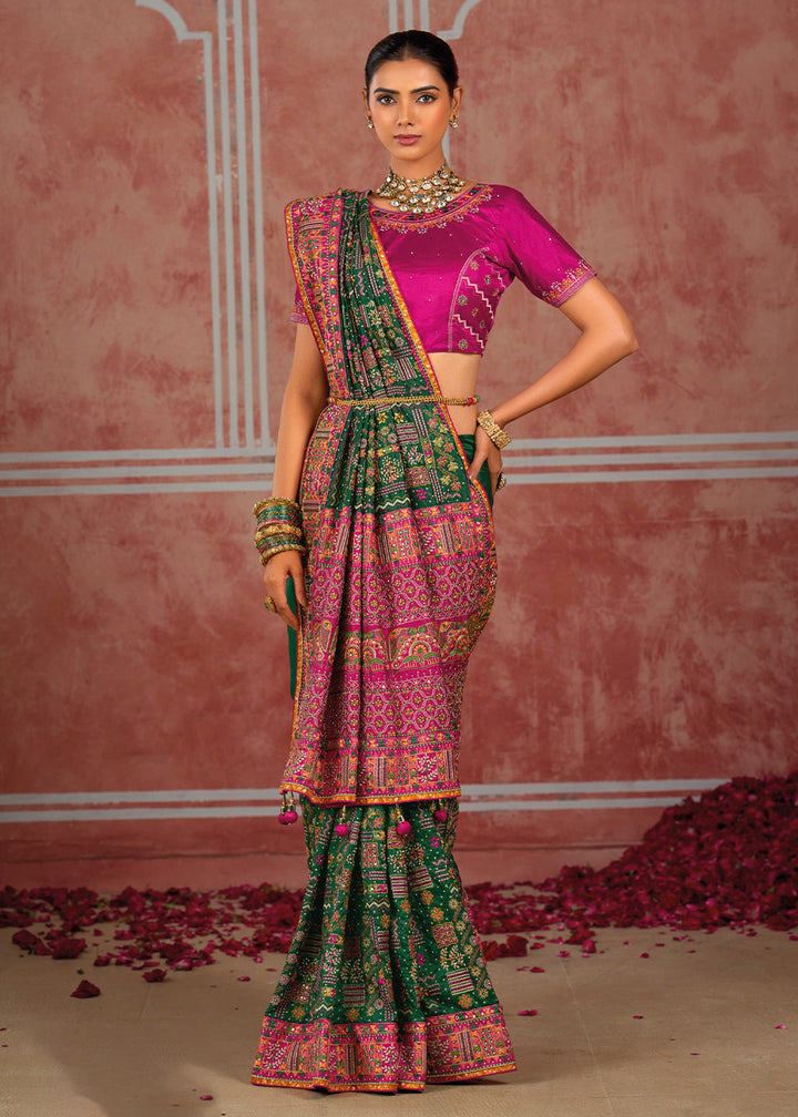 Dark Green Banarasi Silk Saree with Exquisite Kachhi Hand Embroidery