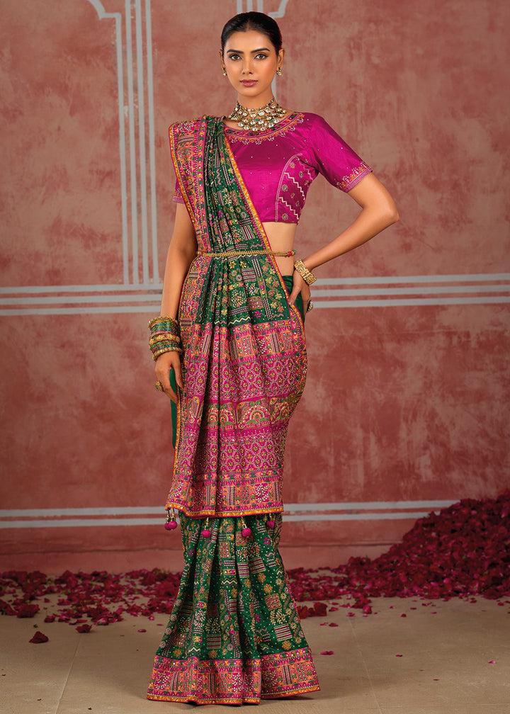 Dark Green Banarasi Silk Saree with Exquisite Kachhi Hand Embroidery
