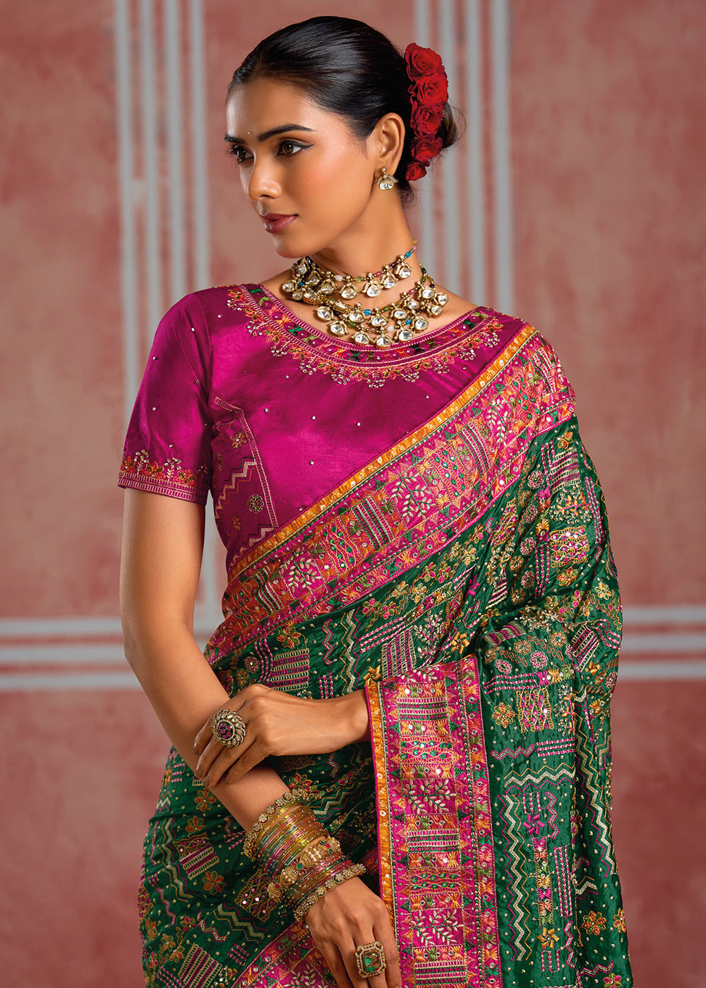 Dark Green Banarasi Silk Saree with Exquisite Kachhi Hand Embroidery