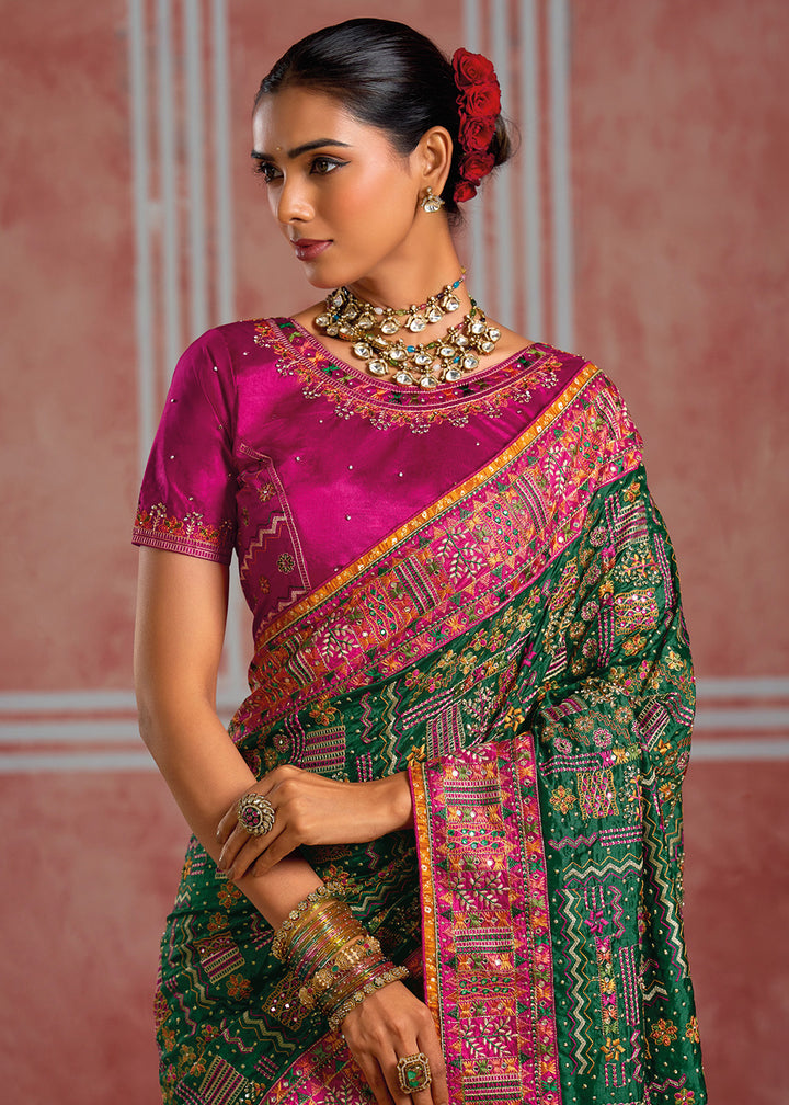 Dark Green Banarasi Silk Saree with Exquisite Kachhi Hand Embroidery