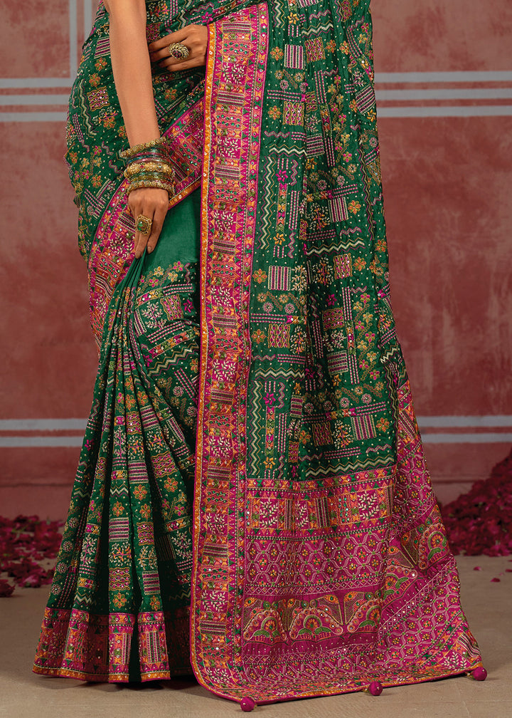 Dark Green Banarasi Silk Saree with Exquisite Kachhi Hand Embroidery